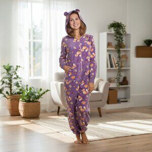 Maple Leaf Fox Print Cozy Fleece One-Piece Playful Pajamas – Zip-Up • Hooded Fun